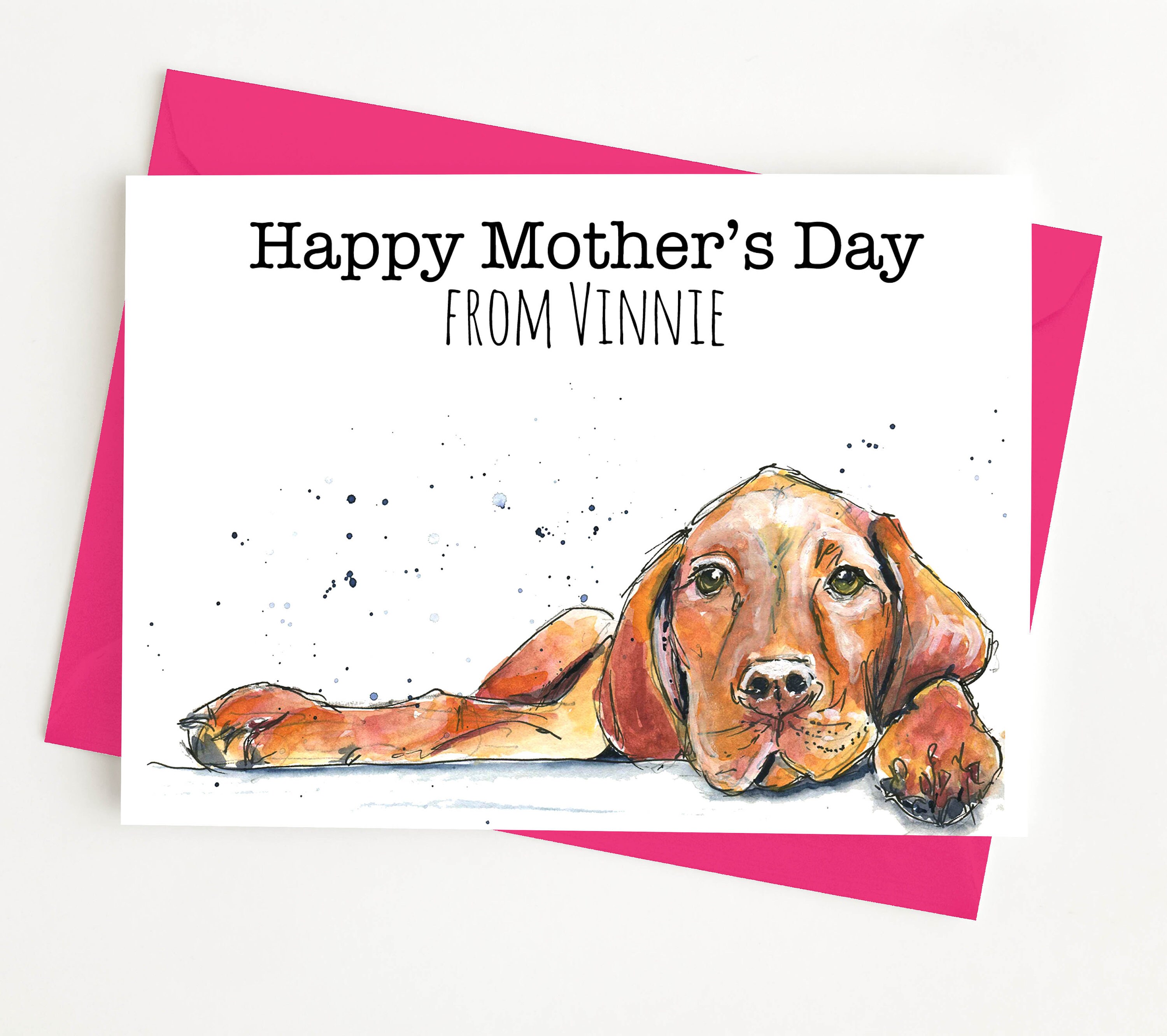 Personalised Vizsla Mothers Day Card, Card for Mum, Dog Mum Card, Card from Dog - Pink Envelope - Blank inside