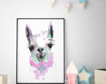 Llama Art Print, Illustration Print, Llama Gifts, Llama Nursery Print, Living Room Wall Art, Watercolor Print, Nursery Art Print - A4 Size