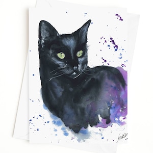 Carte de chat noir, carte d'animal, carte de voeux artistique pour Halloween, intérieur vierge
