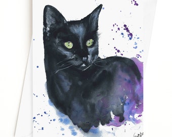 Black Cat Card, Animal Card, Art Greeting Card for Halloween,  Blank Inside