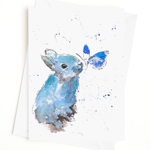 Blue Rabbit Easter Bunny Card , Watercolour Rabbit, Watercolor Easter Cards, Thank you Card - Blank Inside, Biodegradable Cello