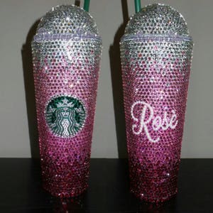 Custom Rhinestone Bling Starbucks Cold Drink Dome or Flat Lid Tumbler Cup 24oz