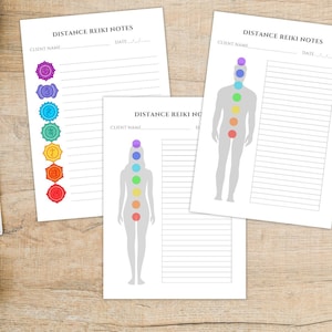 Formulários de notas de Reiki à distância: Folhas de sessões de cura guiada com chakras - PDF para impressão A4