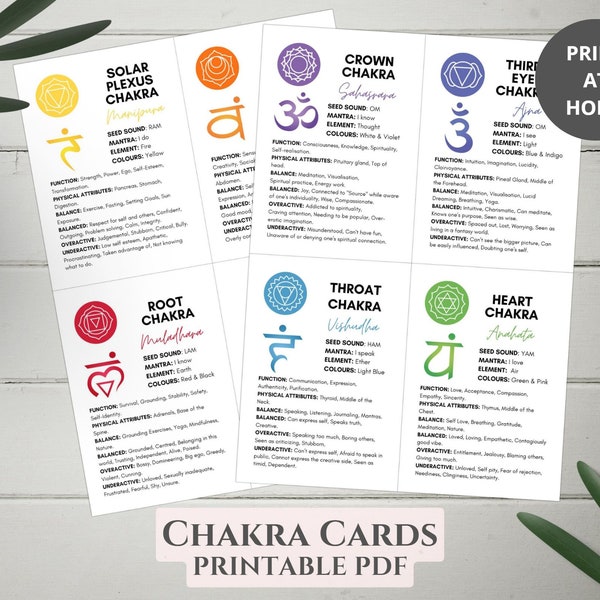Printable Chakra Cards - A6 Size - Digital Download - Chakra Meditation - Balance & Healing - Yoga Aid - Mindfulness Tool