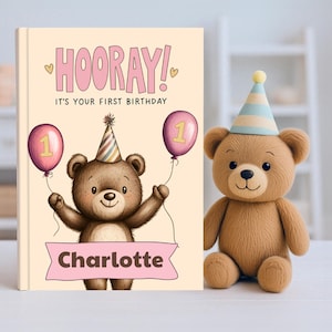 Personalised 1st Birthday Book for Baby Girl – Custom Name Keepsake Gift, First Birthday Memory Book, Pink Hardback Story
