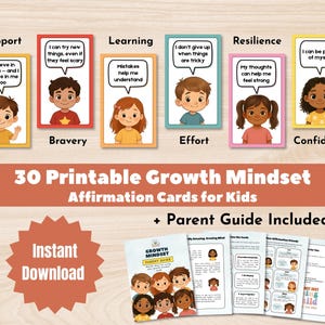 Tarjetas de mentalidad de crecimiento para niños: tarjetas de afirmaciones imprimibles: confianza, resiliencia, esfuerzo y fortaleza emocional. Descarga instantánea.