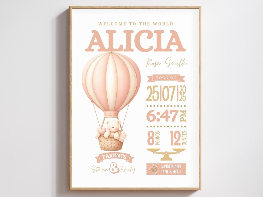 Personalised Baby Girl Birth Announcement Print – Custom Birth Details ...