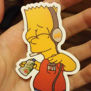 May include: A yellow cartoon character with spiky hair wearing headphones and a red shirt. The character is holding a can of soda and a pack of cigarettes. The character is looking down and has a sad expression.