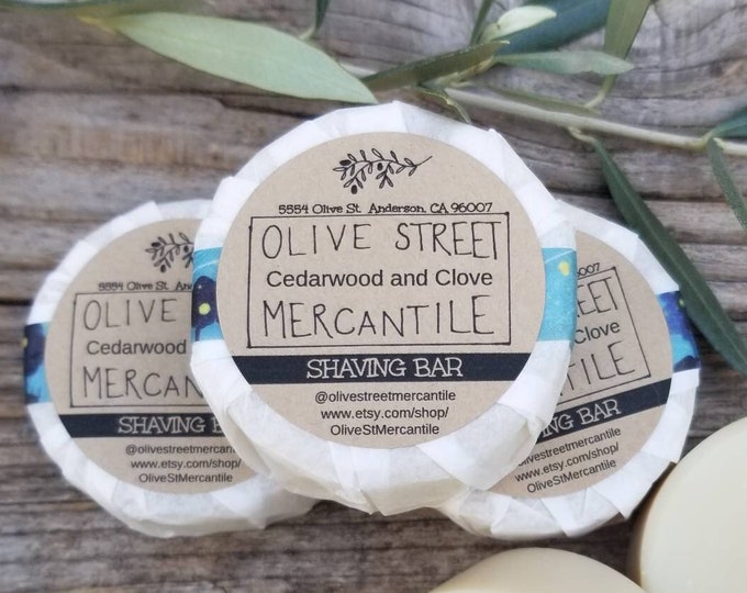 Handmade Cedarwood and Clove Olive Oil Shaving Bar, created with homegrown olive oil, organic grass fed tallow and avocado oil