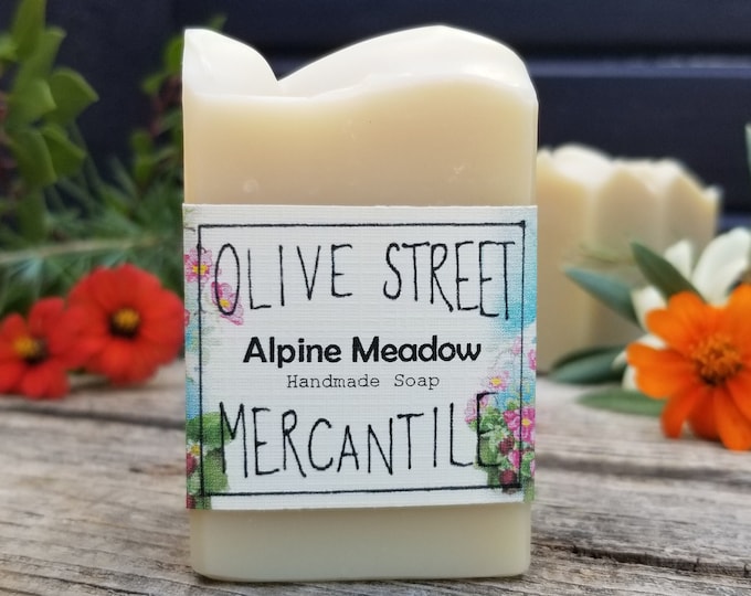 Pine pitch olive oil handmade soap, Alpine Meadow made with homegrown olive oil, pine needle and pitch oil, chamomile tea