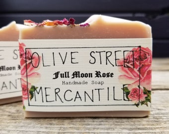 Full Moon Rose Handmade Soap, made in small batches with full moon rose oil, homegrown olive oil and organic grass fed tallow