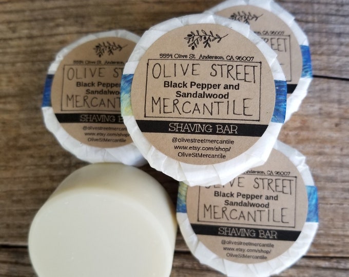 Handmade Black Pepper and Sandalwood Olive Oil Shaving Bar, created with homegrown olive oil, organic grass fed tallow and avocado oil