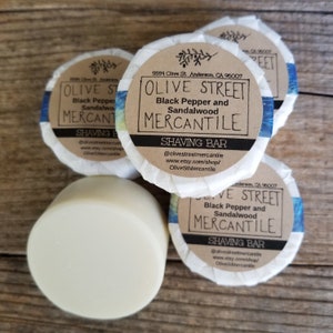 Handmade Black Pepper and Sandalwood Olive Oil Shaving Bar, created with homegrown olive oil, organic grass fed tallow and avocado oil