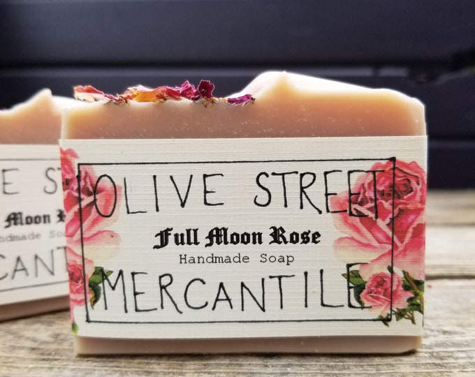 Full Moon Rose Handmade Soap, made in small batches with full moon rose oil, homegrown olive oil and organic grass fed tallow