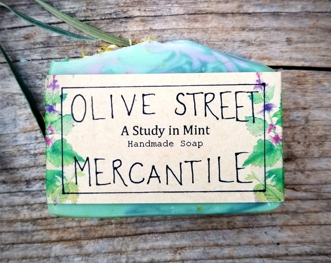 Mint, Spearmint, Patchouli and Basil Olive Oil Handmade Soap, with organic grass fed tallow and pure essential oils, a study in mint