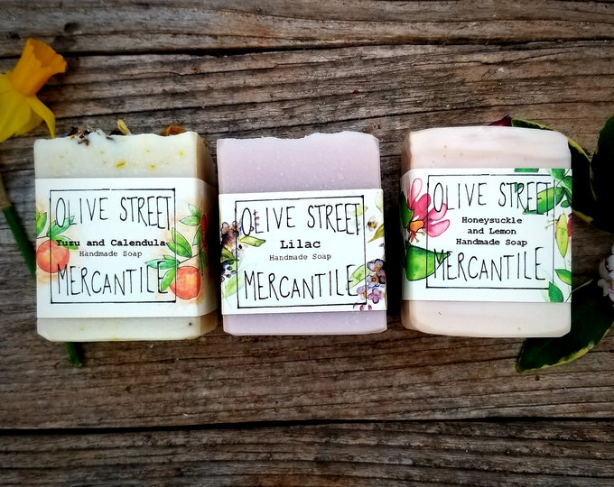 Spring Soap Collection, 3 Olive Oil Soaps with olive oil, organic tallow, herbs, flowers and nourishing teas, Lilac, Yuzu, Honeysuckle