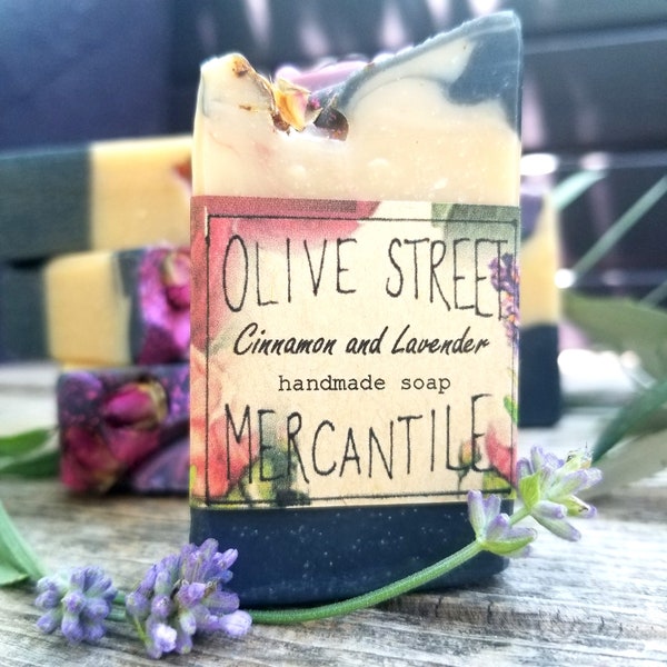 Cinnamon and Lavender Olive oil soap handmade in small batches with homegrown olive oil, activated bamboo charcoal and essential oils