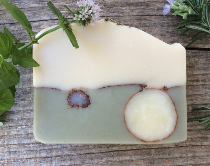 Rosemary and Mint Soap, handmade with nourishing oils including homegrown olive oil, grass fed tallow, French green clay and essential oils