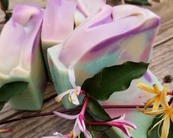 Honeysuckle Olive Oil bar soap made with hand rendered tallow and homegrown olive oil, gentle, always PALM OIL FREE, mother's day