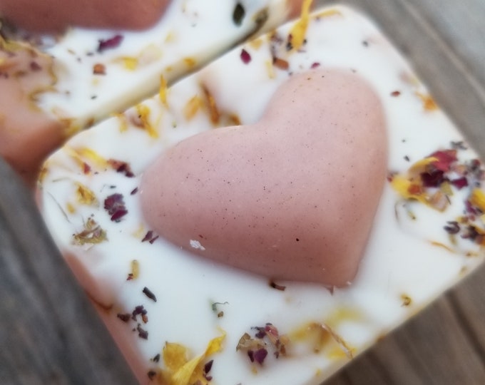Amber, Cedarwood, Vanilla and Sweet Orange Handmade Olive Oil Heart Soap, created with homegrown olive oil, large bar, 6oz