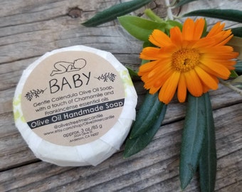 Handmade Calendula Baby Soap with Frankincense and Chamomile essential oils, made with homegrown olive oil, palm oil free, paraben free