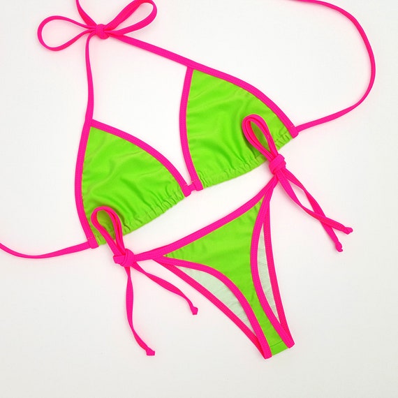 Neon Green with Pink Brazilian Bottom Bikini | Etsy