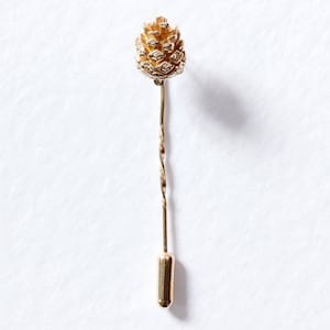 Könnte beinhalten: Eine goldene Nadel mit einem Tannenzapfen-Design. Die Nadel ist verdreht und hat unten eine goldene Kappe.
