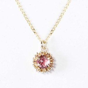 Dahlia Bud Pink Tourmaline Necklace – Silver/Gold - dahlia necklace, flower necklace, october birthstone, pink necklace, gemstone necklace