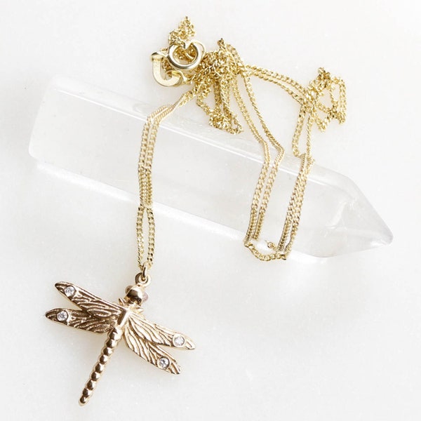 Dragonfly Necklace - Diamonds & Moonstones - Silver/Gold