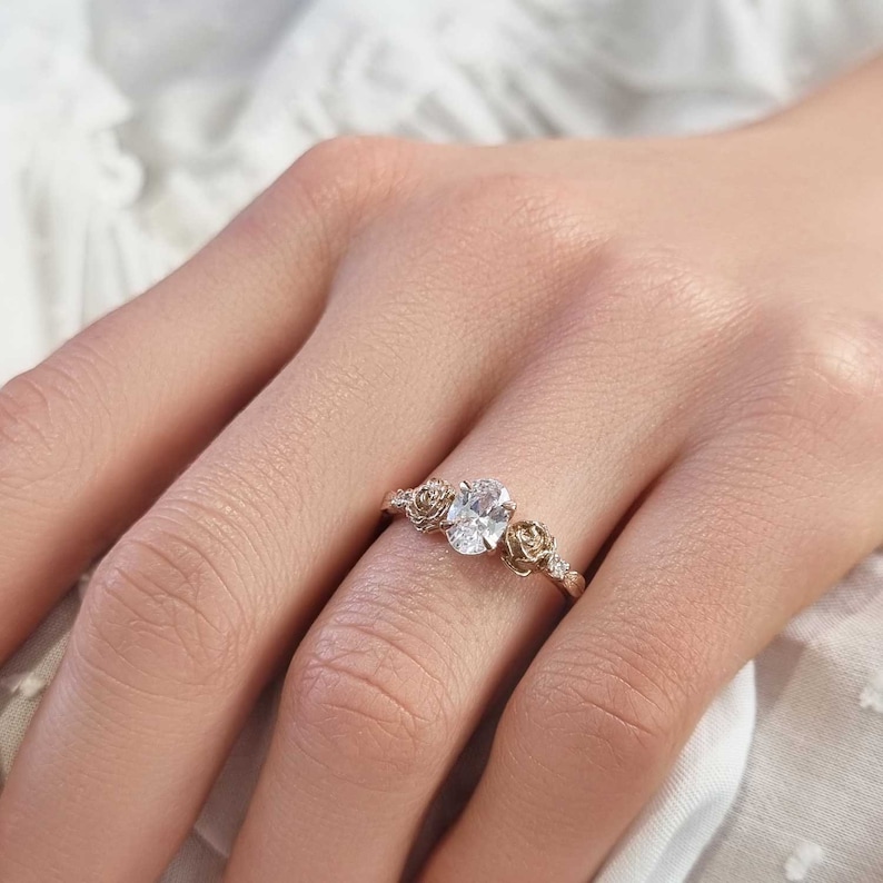Diamond Rose Ring - Rose Engagement Ring, Diamond Flower Ring, Diamond Engagement Ring, Floral Ring, Oval Diamond Ring, Lab Diamond Ring image 2