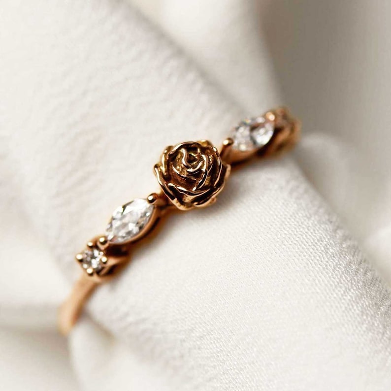 Rose ring, rose diamond ring, rose engagement ring, flower ring, flower engagement ring, delicate engagement ring, gold flower ring image 1