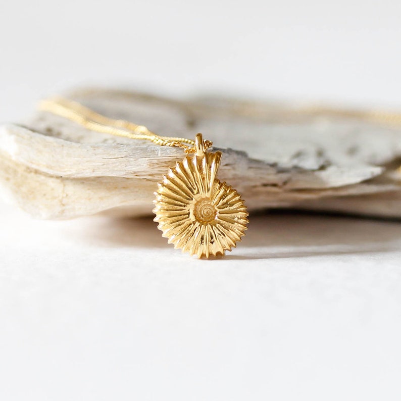 May include: A gold-toned necklace with a detailed, spiral-shaped pendant resembling a seashell. The pendant is textured and has a raised, circular design in the center.