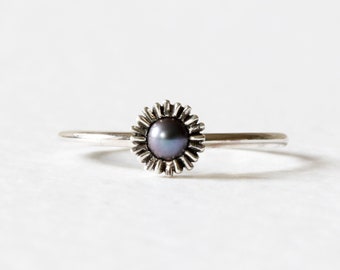 Dahlia Bud Peacock Pearl Ring - Silver - pearl stacking ring, silver stacking ring, black ring, flower ring, delicate ring, dainty ring