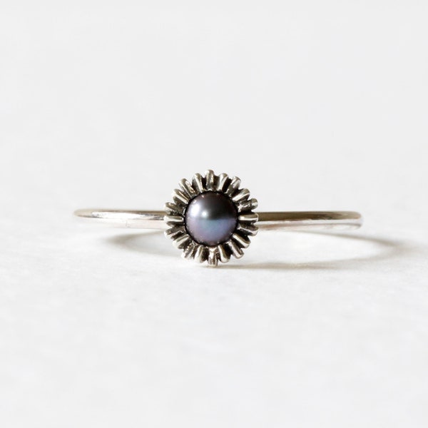 Dahlia Bud Peacock Pearl Ring - Silver - pearl stacking ring, silver stacking ring, black ring, flower ring, delicate ring, dainty ring