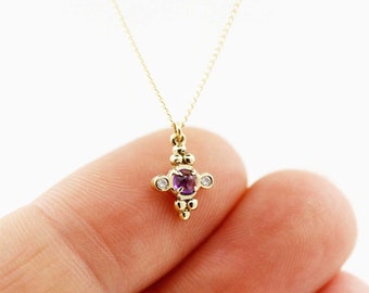 Amethyst and Diamonds Cross Necklace - Silver/Gold - cross necklace, delicate gold necklace, amethyst gold necklace, diamond cross necklace