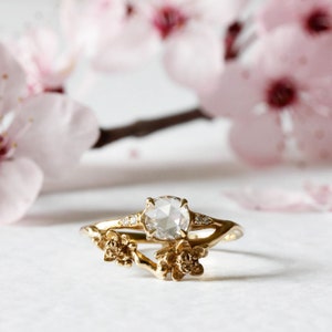 Cherry Blossom Diamond Ring – Rose Cut Diamond Ring, Diamond Engagement Ring, Diamond Flower Ring, Sakura Ring, Flower Engagement Ring