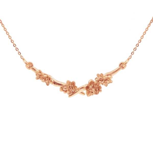 Cherry Blossom Branch Necklace, sakura necklace – Silver/Gold/Rose Gold - flower necklace, rose gold necklace, delicate necklace