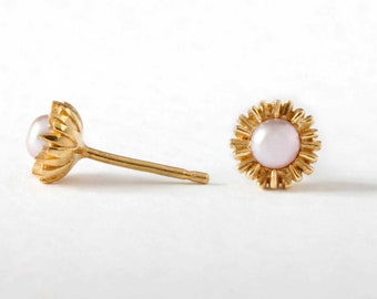 Dahlia Bud Freshwater Pearl Earrings, Gold - gold studs, pearl studs, delicate studs, flower studs, dahlia earrings, pink earrings