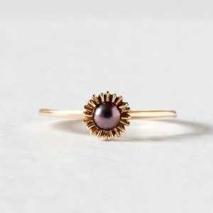 Dahlia Bud Peacock Pearl Ring - Gold.  Gold pearl ring, pearl stacking ring, sunflower ring, flower ring, gold stacking ring, delicate ring