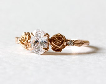 Diamond Rose Ring - Rose Engagement Ring, Diamond Flower Ring, Diamond Engagement Ring, Floral Ring, Oval Diamond Ring, Lab Diamond Ring