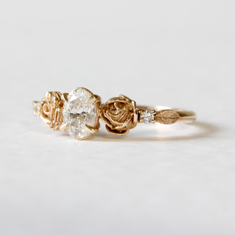 Diamond Rose Ring - Rose Engagement Ring, Diamond Flower Ring, Diamond Engagement Ring, Floral Ring, Oval Diamond Ring, Lab Diamond Ring image 8