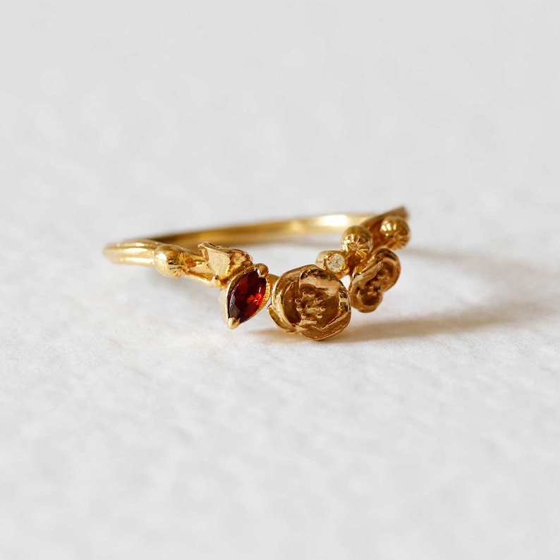 Poppy Ring Garnet and Diamond ring, flower ring, alternative wedding ring, promise ring, rememberance gift, floral ring, engagement ring image 3