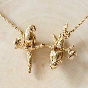 Parakeet Necklace – Two Friends On A Branch – Silver/Gold - Parrot Necklace, Bird Necklace, Bird Jewelry, Bird Jewellery