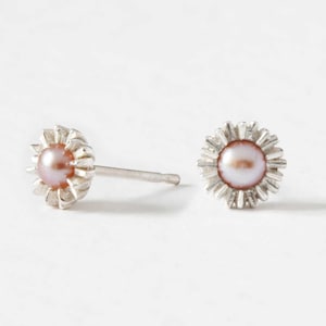 Dahlia Bud Freshwater Pearl Earrings – Silver, pearl studs, Pearl earrings, black pearl studs, stud earrings, flower earrings, flower studs