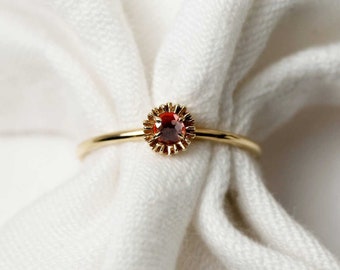 Dahlia Bud Garnet Ring – Silver/Gold - dahlia ring, flower ring, january birthstone, red ring, gemstone ring, floral ring, stacking ring.