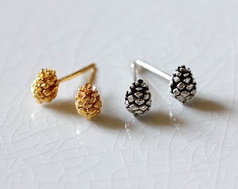 Baby Pine Cone Earrings - Gold/Silver, nature lover earrings, pine cone studs, dainty earrings, small studs, christmas gift