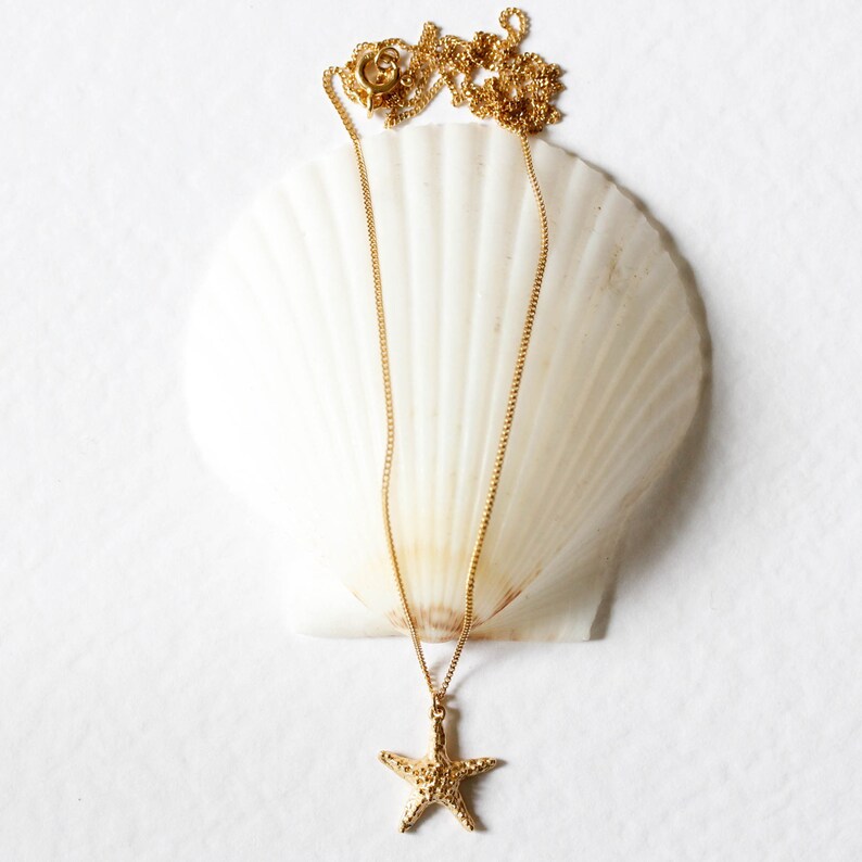 Pode incluir: Um colar de corrente dourada com um pingente de estrela do mar dourada. O colar &eacute; apresentado em uma concha branca.