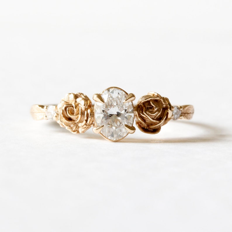 Diamond Rose Ring - Rose Engagement Ring, Diamond Flower Ring, Diamond Engagement Ring, Floral Ring, Oval Diamond Ring, Lab Diamond Ring image 7
