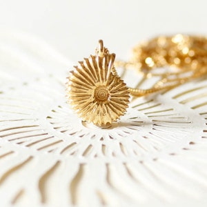 May include: A gold-toned necklace with a detailed, spiral-shaped pendant. The pendant resembles a seashell or ammonite fossil.
