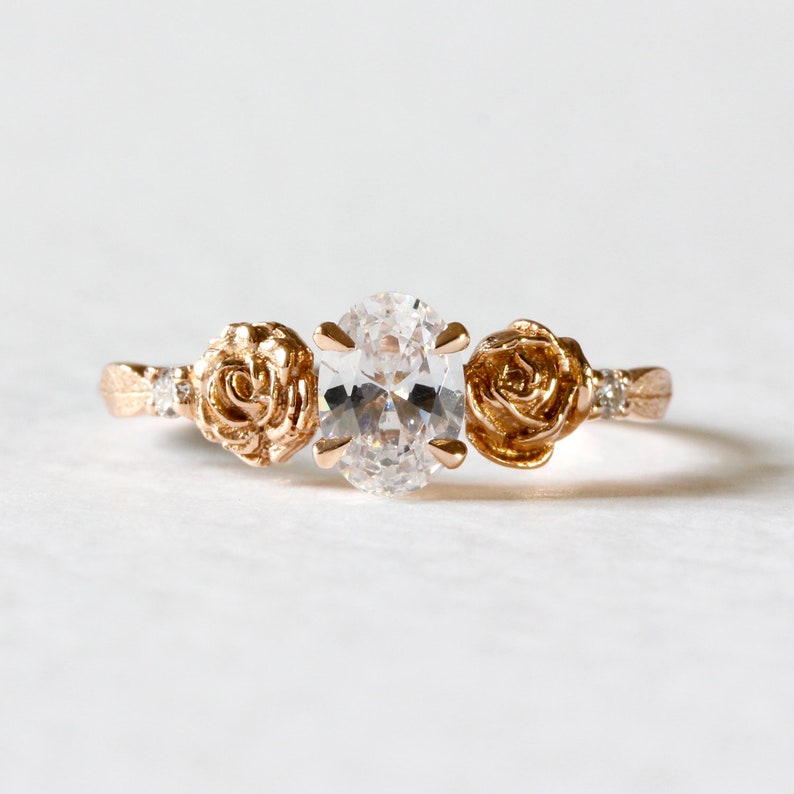 Diamond Rose Ring - Rose Engagement Ring, Diamond Flower Ring, Diamond Engagement Ring, Floral Ring, Oval Diamond Ring, Lab Diamond Ring image 3